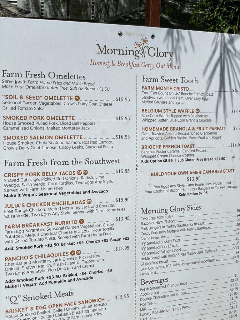 The breakfast menu at Morning Glory at The Farm