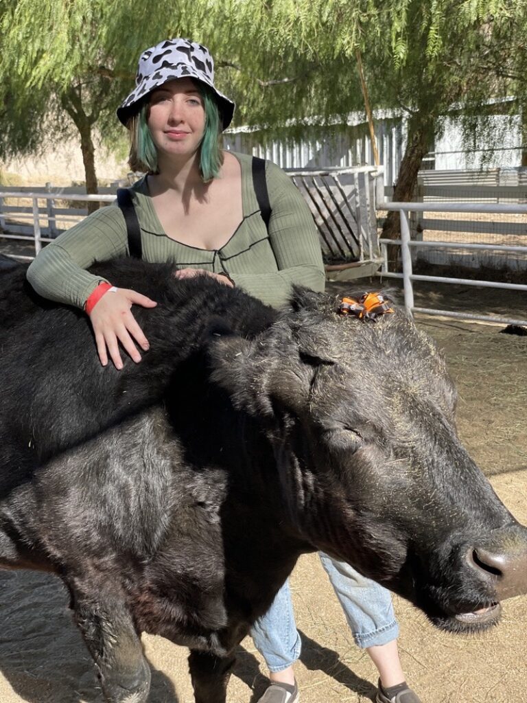 Kaye from WhereGalsWander hugs a cow at Gentle Barn