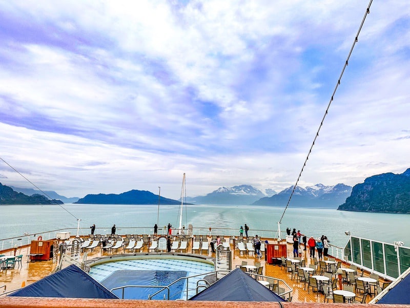 The view from the back of the cruise ship as we travel into Glacier Bay